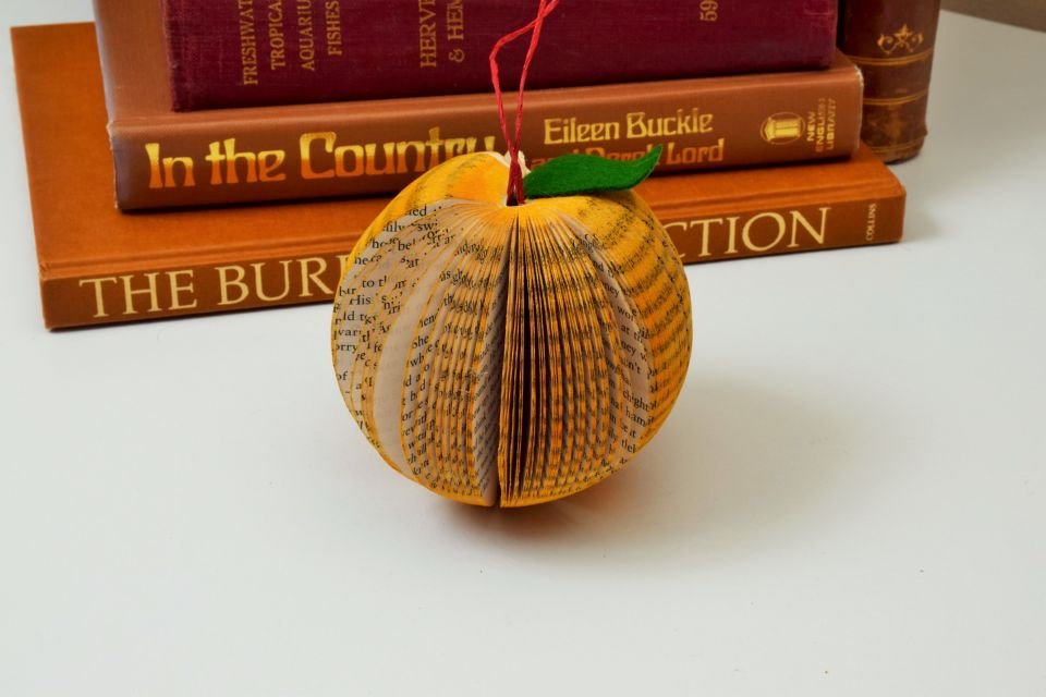 Paperappleco's tweet photo. Book Art Orange shaped Paper Fruit handmade from books hanging https://t.co/ygF1s6vvbb #craftbuzz #craftychaching https://t.co/Hm8qs4fHej