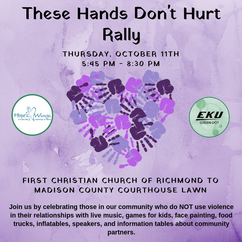 EKUGreenDot's tweet photo. EKU Green Dot is proud to participate in @hopes_wings' annual These Hands Don't Hurt march and rally. We encourage members of the EKU community to join us celebrating those in our community who do NOT use violence in their relationships. #endDV #DVAM2018 #SupportSurvivors #LiveIt https://t.co/BXVk00npFS