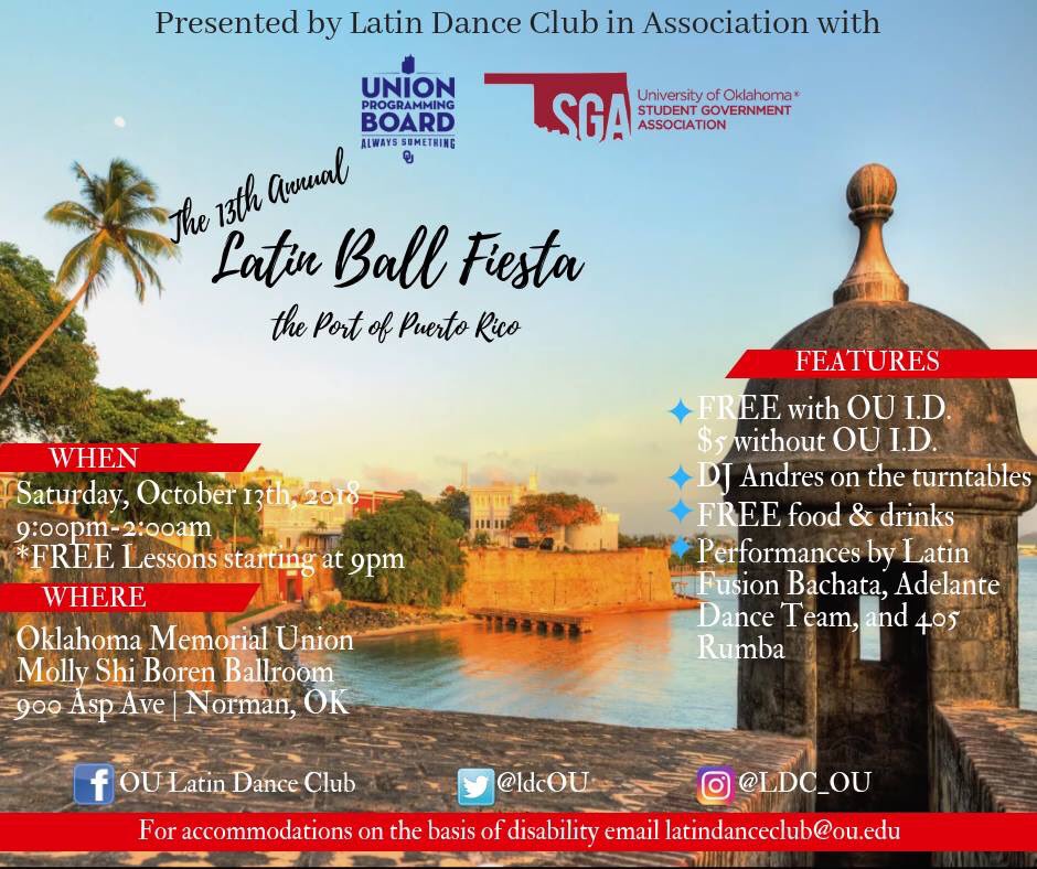 ldcOU's tweet image. Latin Ball is coming up quick! Saturday from 9pm-2am we will be dancing it up in the union ball room! We will have performances from some pretty awesome teams! Latin fusion of Oklahoma bachata team, 405 Rumba, and the Adelante Dance Studio will be performing for us Saturday!