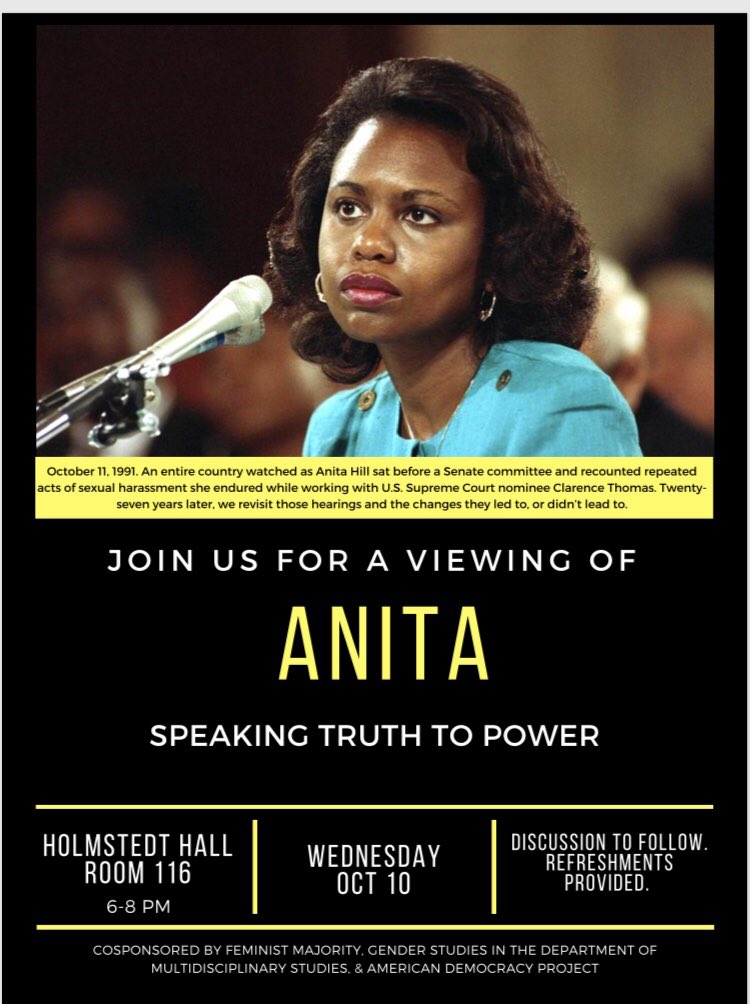 GenderState's tweet image. Tomorrow marks 27 years since Anita Hill sat before a senate committee and recounted acts of sexual harassment endured while working with a U.S. Supreme Court nominee. View Anita &amp;amp; discuss changes made or not made since 1991. Holmstedt Hall 116 tonight 6-8. Snacks provided!