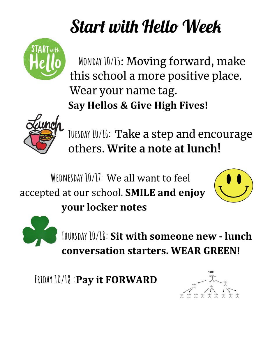 CoffmanSAVE's tweet photo. Next week @DublinCoffmanHS will celebrate @NATIONALSAVE Start with Hello week! We have activities planned each day to get to know your classmates better &amp; maybe become friends - it all starts with Hello! #startwithhello #savepromiseclub #asimplehellogoesalongway https://t.co/WZwk76cToT