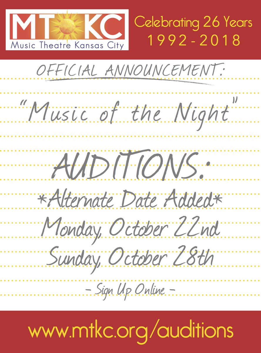 By Popular Demand:
Alternate Audition Date added for MTKC Winter Show

Monday, October 22nd (7-8:30pm)
*Regular auditions will still be held Sunday, Oct 28

Info and Sign-Up: mtkc.org/auditions
