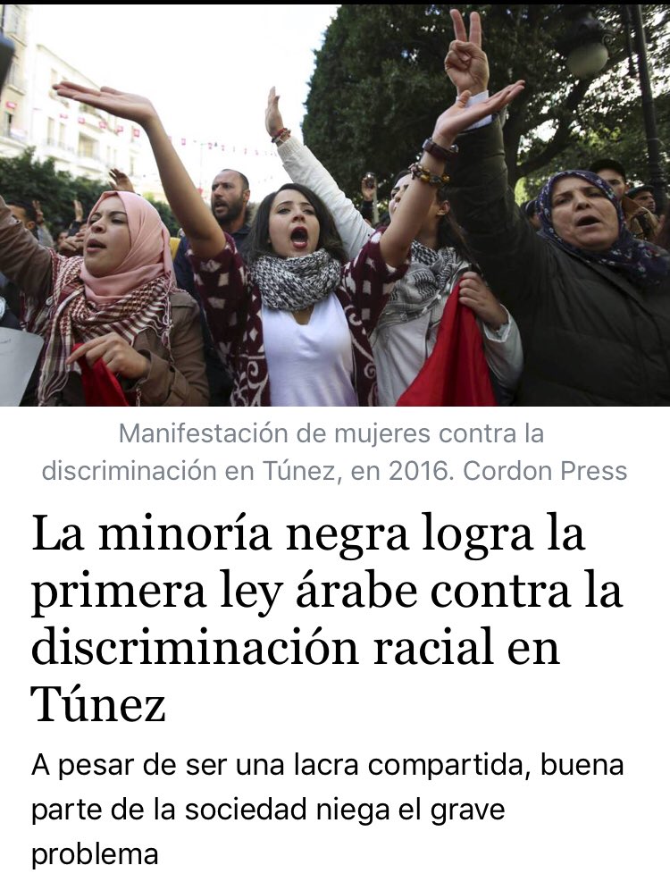 RitaBosaho's tweet photo. Gran noticia en Túnez 🇹🇳.

El tejido asociativo de la comunidad afro de Túnez ha conseguido que el Parlamento tunecino apruebe una Ley contra la discriminación racial ✊🏾.

#PoderAfro #BlackPower #ComunidadAfrodeTúnez. 

https://t.co/pQ9STmhVCq https://t.co/awS7In0lPV