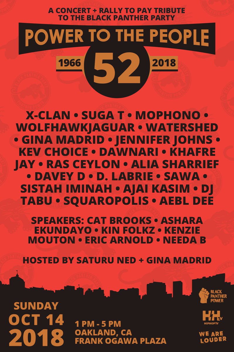 This Sunday is the 52nd Black Panther Party anniversary tribute in Oakland. Performances, speeches, the history, come on out and soak it all up!