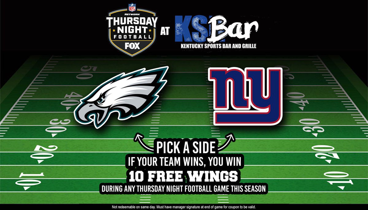 TOMORROW NIGHT:

It’s Giants vs Eagles....come in and pick your team.  If you pick the correct team, you win 10 free Wings.  It’s simple, it’s easy and the most fun allowed on a Thursday Night

Come see us...bring your friends: