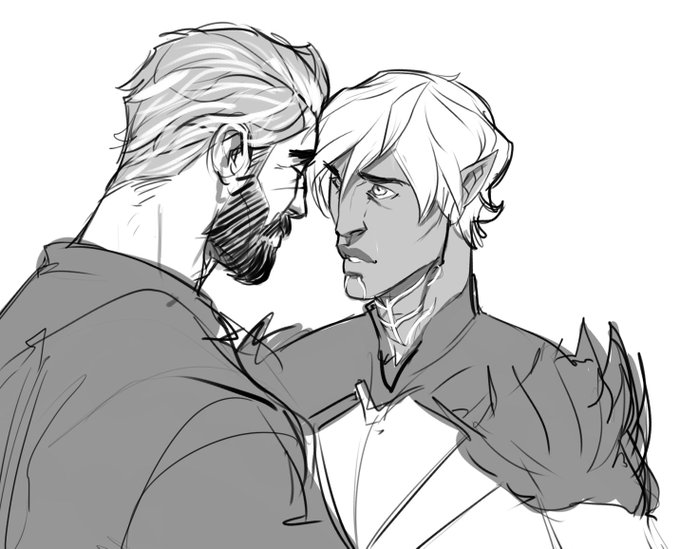 was itching to draw smth after Not for a couple of days and DA2 has kept me alive this week so, a scrappy hawke and fenris because i just Got There in act 2, goodnight everyone 