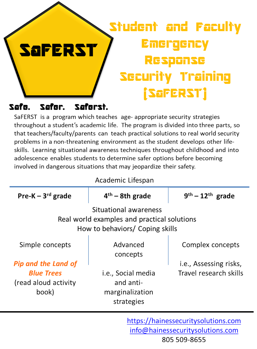 PipAndFriends's tweet photo. Student and Faculty Emergency Response Training (SaFERST- pronounced safer ist, like a first grader) is a training program for student's with age appropriate tips on how to survive in today's world. https://t.co/nunAo8Dz43