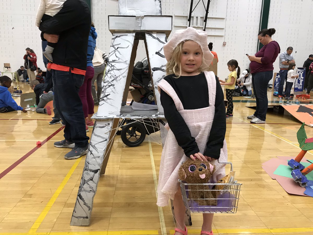 CCSFoundation's tweet photo. First grader Lily with her pink beret and incredibly tall cardboard Eiffel Tower #ccsfcreativity https://t.co/eeuCO2UNws