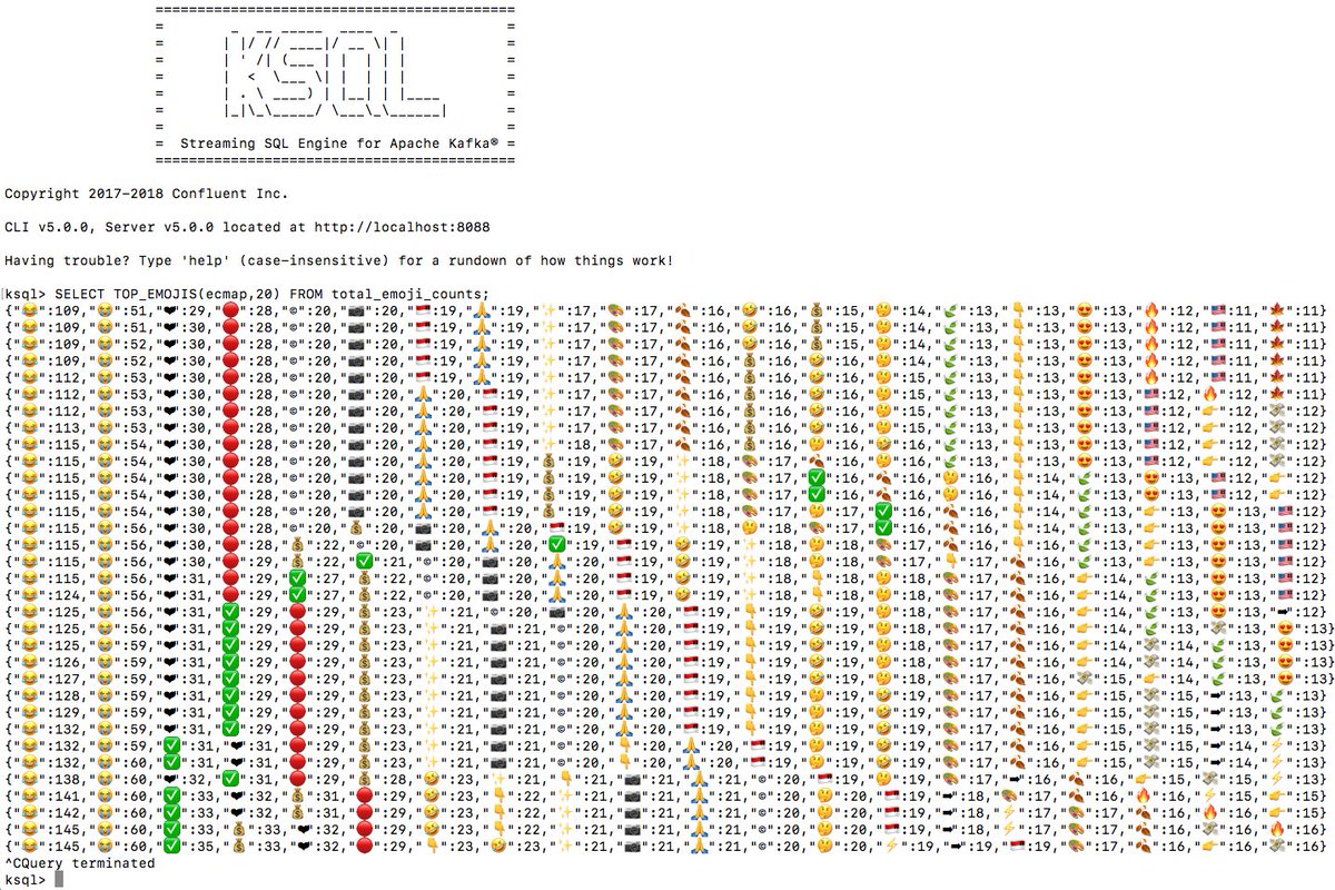 hpgrahsl's tweet image. Found some time and tried to bend #KSQL a bit in order to get #emojis counted in near-realtime from twitter feed -> #StreamingSQL on @apachekafka 
Wrote 2 UDFs and 1 UDAF and there you go :)