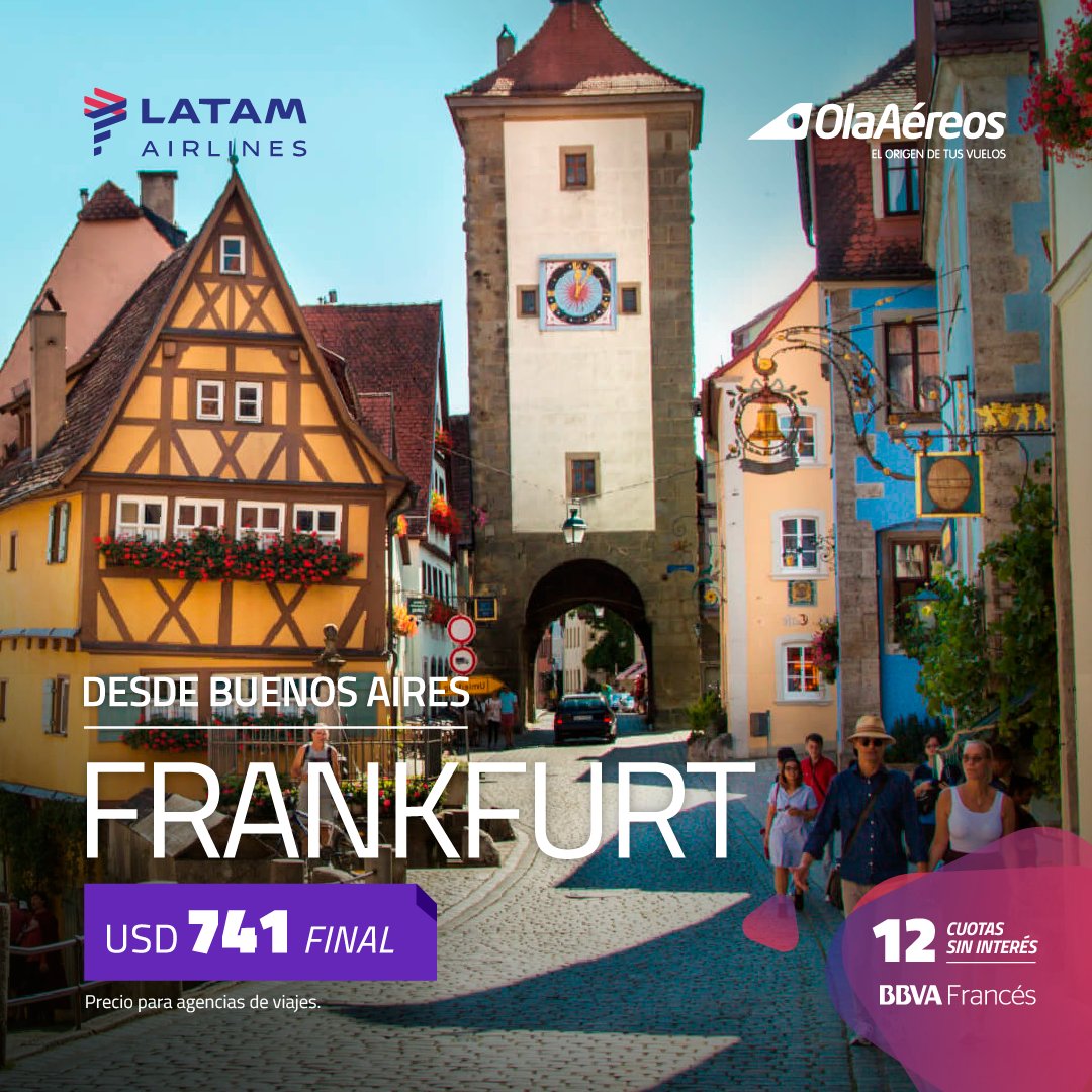 OlaTurismo's tweet photo. ¡Frankfurt! ✈  Volá a este destino con @LATAM_ARG saliendo desde Buenos Aires y pagalo en 12 cuotas sin interés con @BBVAFrancesArg.  Buscá tu agencia más cercana ingresando aquí: https://t.co/vBqdaILpX8 y #ViajáConOla https://t.co/MuSji9LylM