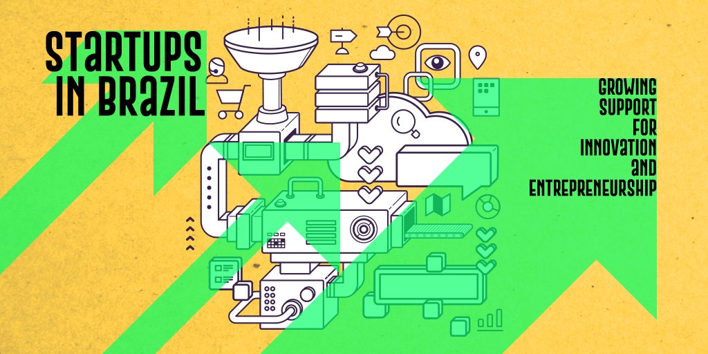 Green arrows point to the upper right corner of the yellow-background image. In the middle there’s a white machine. The text, from left to right reads “Startups in Brazil” and “Growing support for innovation and entrepreneurship”.