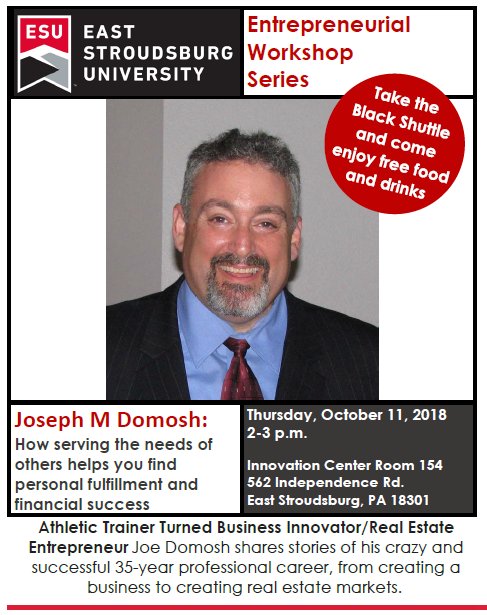 The next ESU Entrepreneurial Series Event will be on Thursday, October 11th, from 2-3 pm in the Innovation Center at East Stroudsburg University. Everyone is welcome to attend this Free event. RSVP at esu.edu/pdess