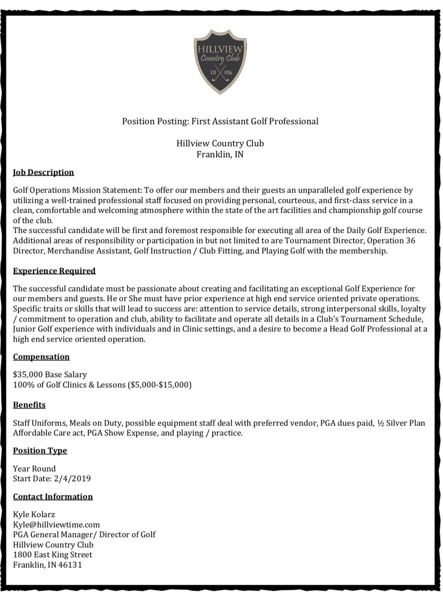 Looking for a Qualified PGA Assistant Golf Professional for 2019.  See picture for details. Contact me if interested.