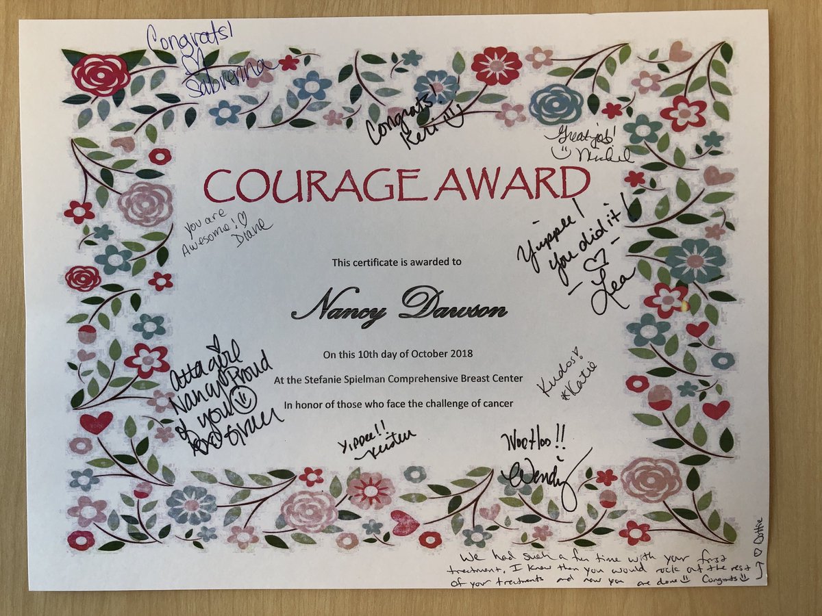 49. The nursing staff celebrated  @cincinnancy’s completion of chemotherapy. She even got a certificate!