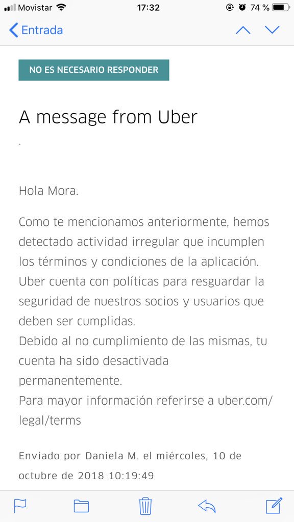 moritagrassi's tweet photo. @littledemonio Podes creer que @Uber_ARG me sigue bloqueando la cuenta y esta es su respuesta? Son un papelón. Que a nadie le pase nada en un Uber porque nadie da la cara. Un desastre. https://t.co/NNahWdJrOd