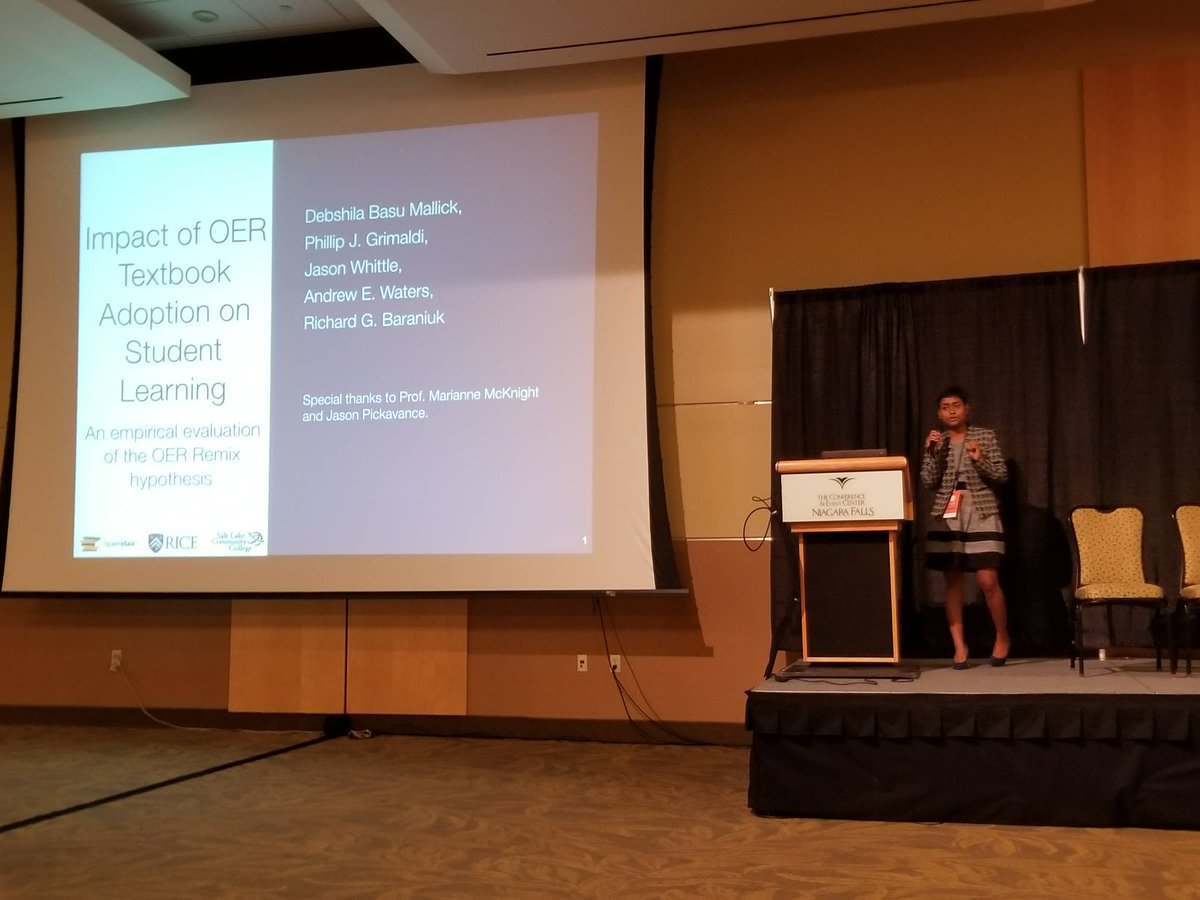 OpenStax's tweet image. Debshila Basu Mallick presents on research into #OER and learning outcomes. #ForStudentsForever #OpenEd18