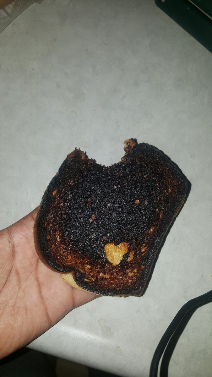 Osborne4thiss's tweet photo. You ever crave grilled cheese for days finally get to make one with the last piece of cheese to only ruin it. #DontMultitask while cooking 🤣 shrugs https://t.co/OMfTJpltBQ