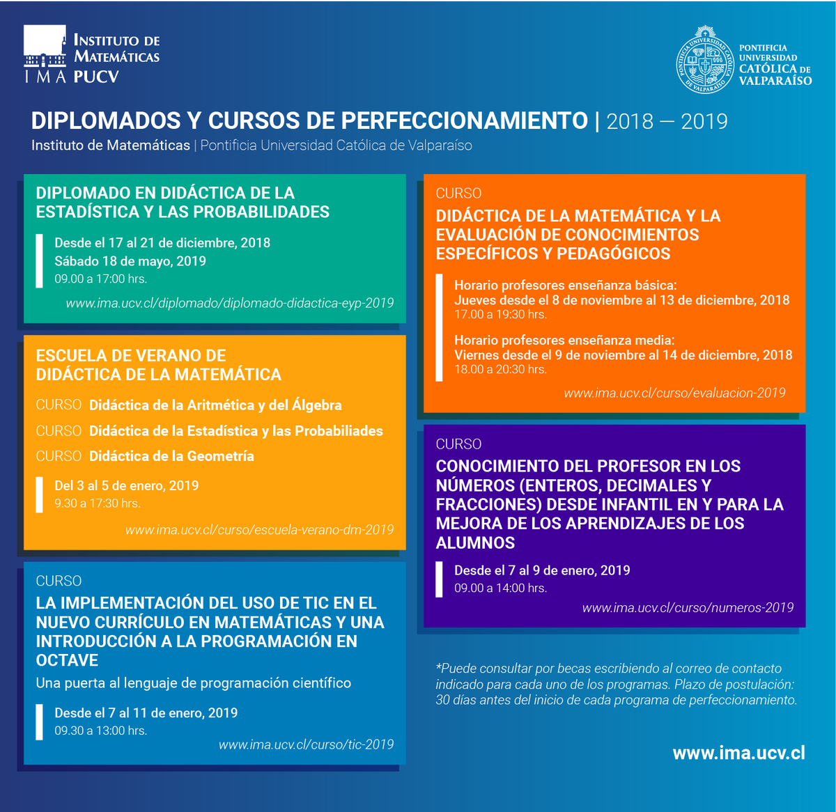 Les invitamos a informarse sobre los diplomados y cursos de perfeccionamiento 2018 - 2019 del Instituto de Matemáticas (IMA) PUCV que pueden encontrar en la pestaña "Actividades de extensión" de nuestra web ima.ucv.cl
