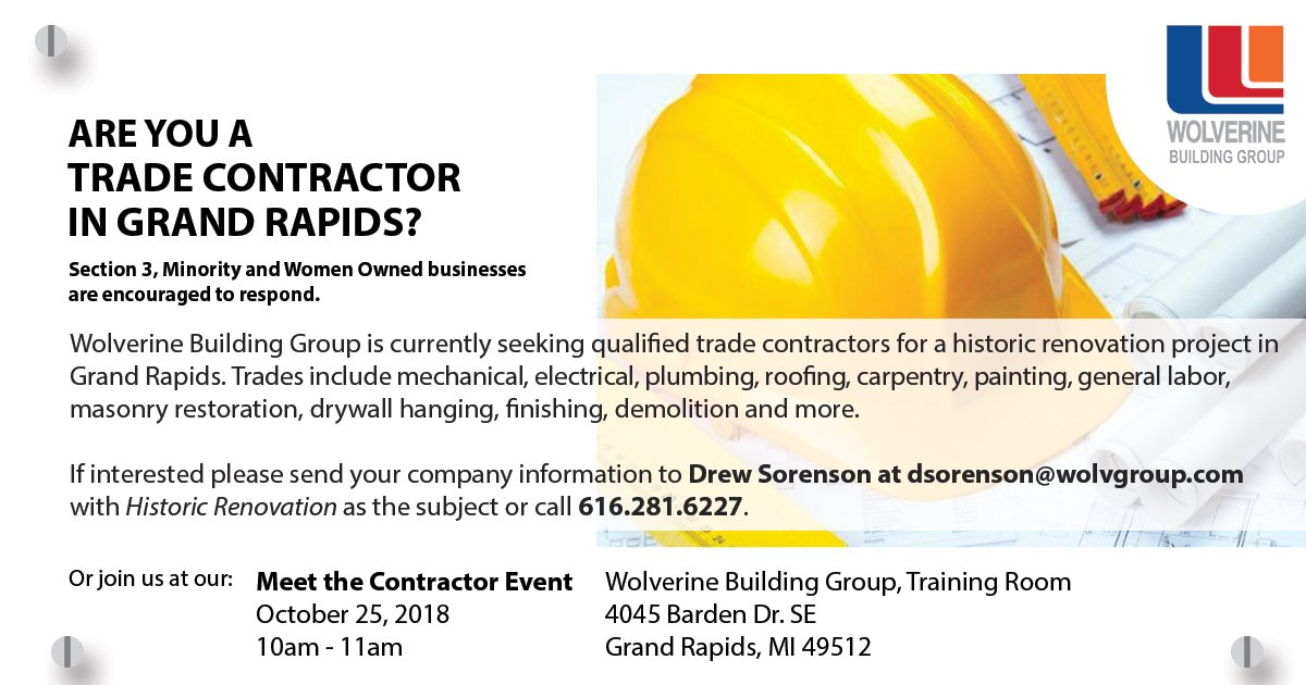 Are you a trade contractor in Grand Rapids? If so, we want to partner with you on an upcoming historic renovation project! #WolverineBuildingGroup