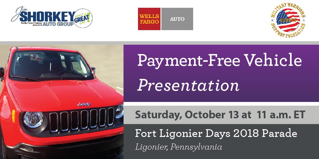 AScottPR's tweet photo. On 10/13, WellsFargo, @WarriorsSupport and @JimShorkeyAutos will kick-off the #FortLigonierDays2018 parade with a special payment-free vehicle presentation Mickael Frison, Gold Star Wife of U.S. Army 1st Lt. Demetrius Frison (KIA). Join us on this special presentation! https://t.co/nyoaPv8c80