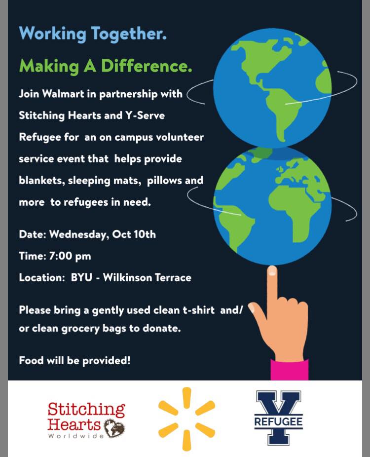 Yserve's tweet photo. TONIGHT! Come to the Wilk for service and snacks with Y-Serve Refugee, Walmart, and Stitching Hearts. See you there! https://t.co/3af2jLdFc6