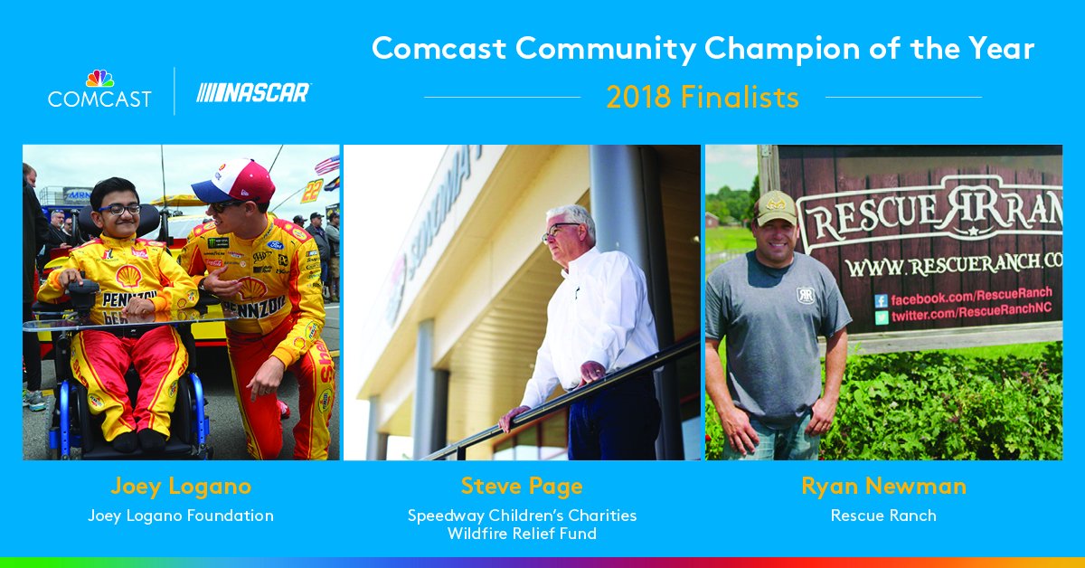 XfinityRacing's tweet photo. It's our honor to announce that @JoeyLogano, @RyanJNewman, &amp; @RaceSonoma President Steve Page are the 2018 #ComcastCommunityChamp finalists!
 
Learn more about each of this year's honorees incredible charitable work >> https://t.co/POPfAXecz8 https://t.co/LaA0Upyf4Y