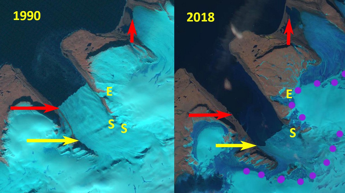 realglacier's tweet photo. Vera Galcier, Novaya Zemlya retreats more than 100 m/year from 1990-2018. #Landsat #GlobalWarming 
https://t.co/ySYqliA9SJ https://t.co/HQDh1xWL5R