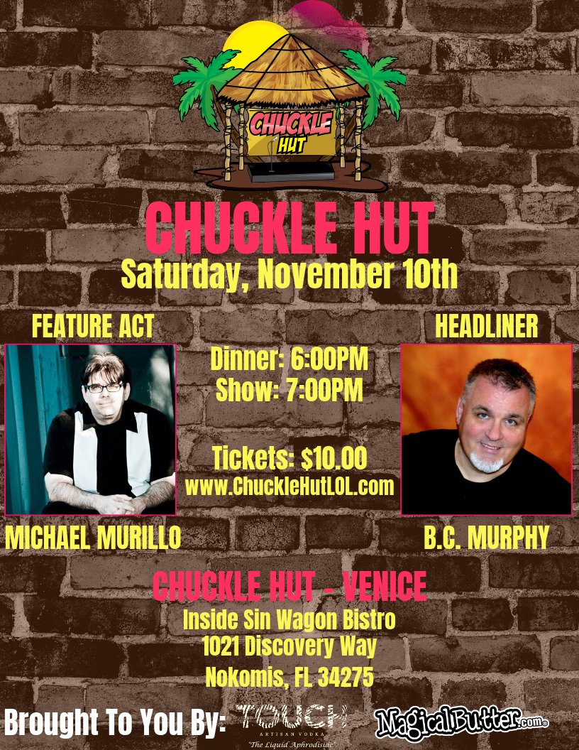 ChuckleHutLOL's tweet photo. One month away! Saturday 11/10 @ 7PM

We'll have jokes, vodka, food and free giveaways!

Want a @MagicalButter machine? Come. 
Want free schwag from @touchvodka ? Come.
A fan of @1800bcmurphy or @VivaMurillo ? Come

Tix on sale Friday (10/12) @ https://t.co/sAoqCHfSam

Please RT https://t.co/WoFo2WDBO0
