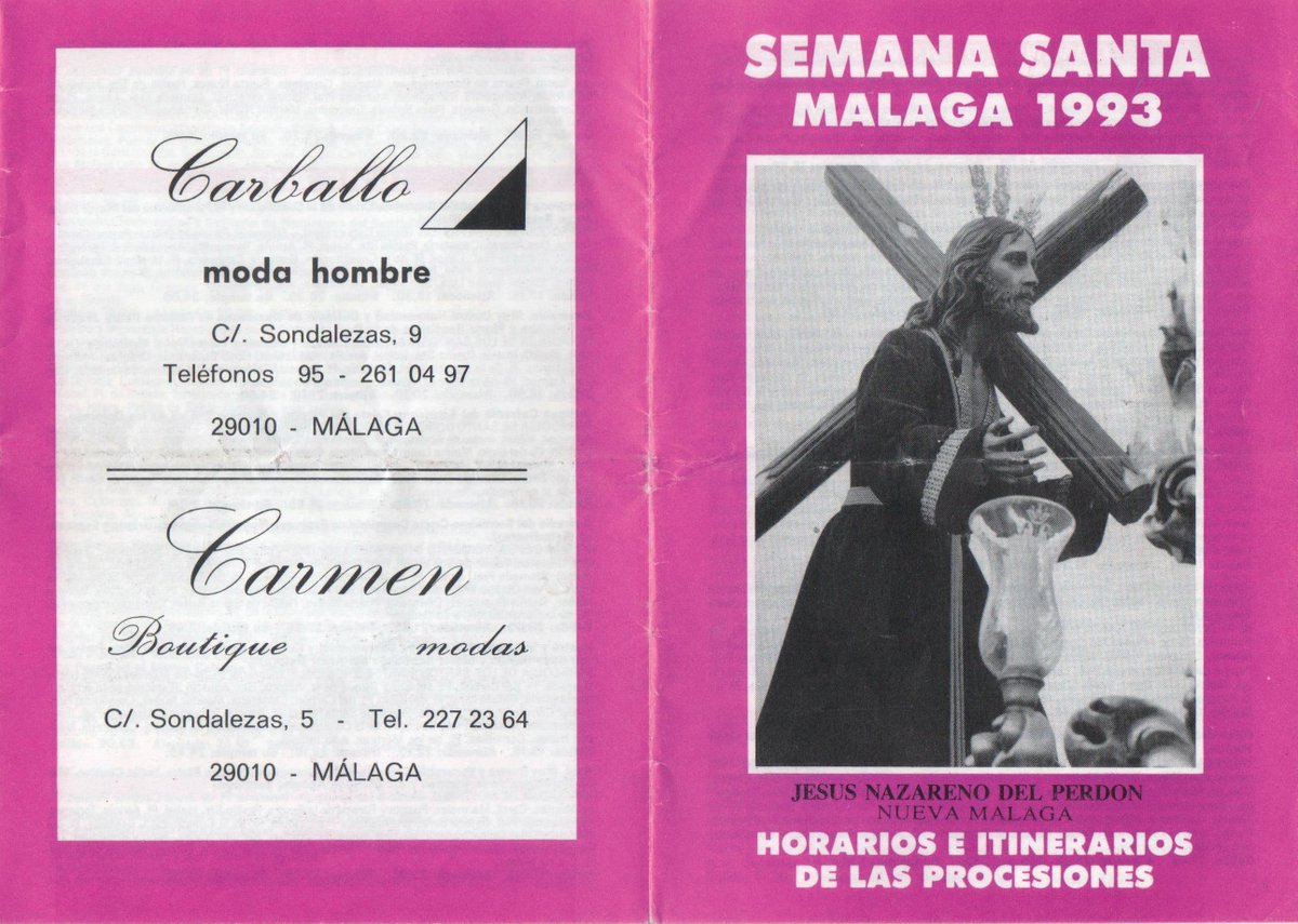 ACISSMA's tweet photo. Recuerdos 🖼️ Hoy hemos seleccionado este itinerario de 1993, en él aparece el antiguo titular de @hnuevaesperanza realizado por P. Pérez Hidalgo. Fue bendecido el 21 de marzo de 1982 y estuvo procesionando hasta 1998, siendo sustituida en 1999 por la talla actual #cofradíasMLG https://t.co/pGb76z9k1f