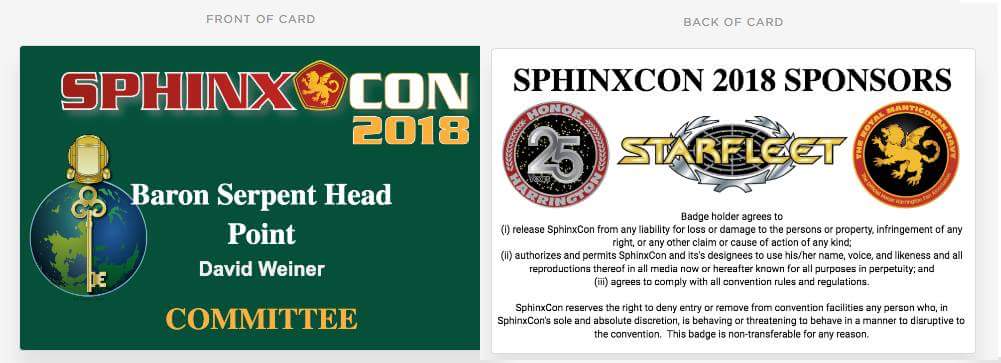 SphinxConTRMN's tweet photo. "Badges?! We don't need no stinkin' badges!" But we still have them all the same, take a look! And get your purchases done, only 2 days left! https://t.co/fNbtPdNkYS #SphinxCon #TRMN #Axacon #Axanar #Atlanta #ATL https://t.co/XCXCvOaGKC