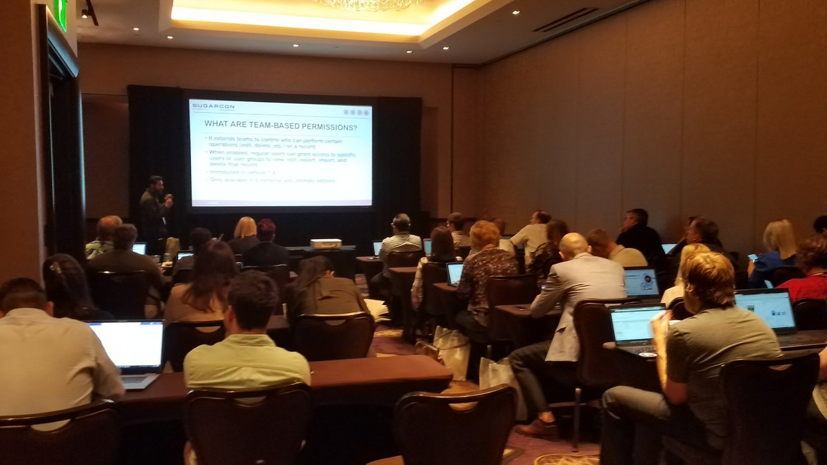 BrieRowe's tweet photo. Hector Rios teaching attendees about Sugar's security model. #SugarCon18 https://t.co/HXIQPti058