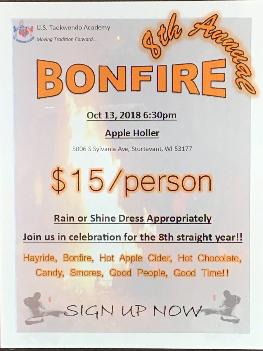 USTKDA's tweet photo. Only 1 day Left! Don't miss out on the biggest, most fun, event of the Taekwondo year!! Sign up NOW for the 8th Annual U.S. Taekwondo Academy Bonfire!! 
All participants MUST be signed up AND paid by Thursday October 11, 2018 no later than 8pm. 

Fun for ALL ages!! https://t.co/kYAeqrdo9y