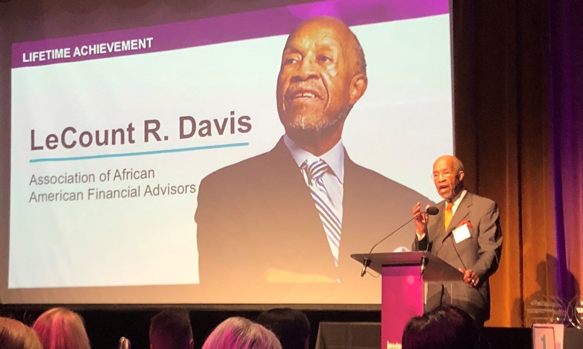 CFPBoard's tweet photo. LeCount R. Davis, the nation’s first African American CFP® professional, received a lifetime achievement award at @newsfromIN Diversity &amp; Inclusion Awards. We thank Mr. Davis for his years of outstanding service to the profession. #INdiversity https://t.co/JAnJYUATR1
