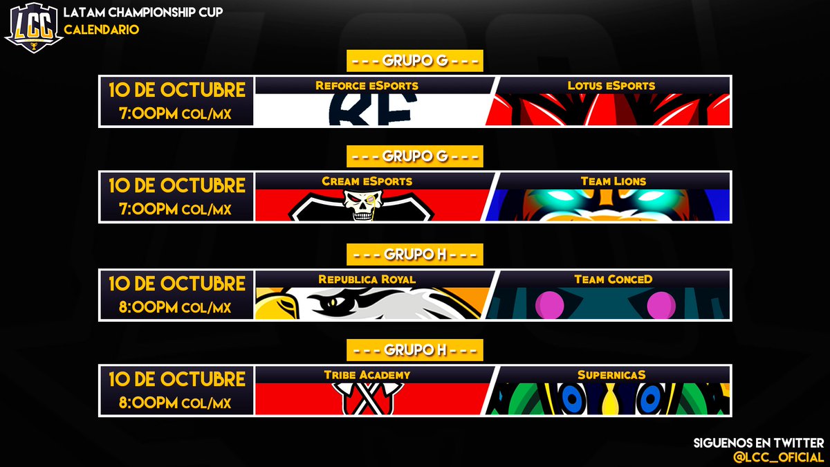 🏆LCC - 3ra Edición.🏆

10 de Octubre - JORNADA 3

@REFORCE_eSports vs <a href="/Lotus_eSports_/">Lotus e-Sports</a> 
<a href="/Cream_EsportsGG/">ChichasLocas</a>  vs <a href="/TeamLionsoffic1/">Cerrado.</a>  
@Republica_Royal  vs <a href="/TeamConced/">ConceD Gaming</a> 
<a href="/TribeAcademyGG/">Tribe Academy</a>  vs @teamsupernicas
