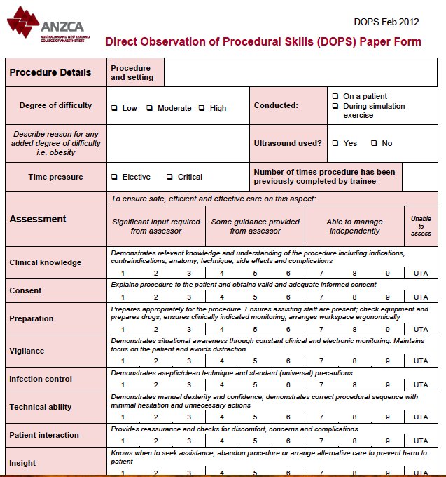 Trainee requests Direct Observation of Procedural Skills assessment of brachial plexus block. Can use questions (from ncbi.nlm.nih.gov/pubmed/24749931) to provide block-specific content.