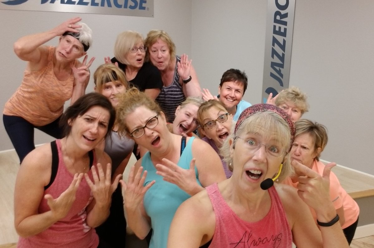 JazzFitSpokane's tweet photo. When someone in class sings "Nebula, Nebula" instead of "Level Up, Level Up." We don't want to name names, but she's in blue 🤣. https://t.co/czo3VHz0Mp