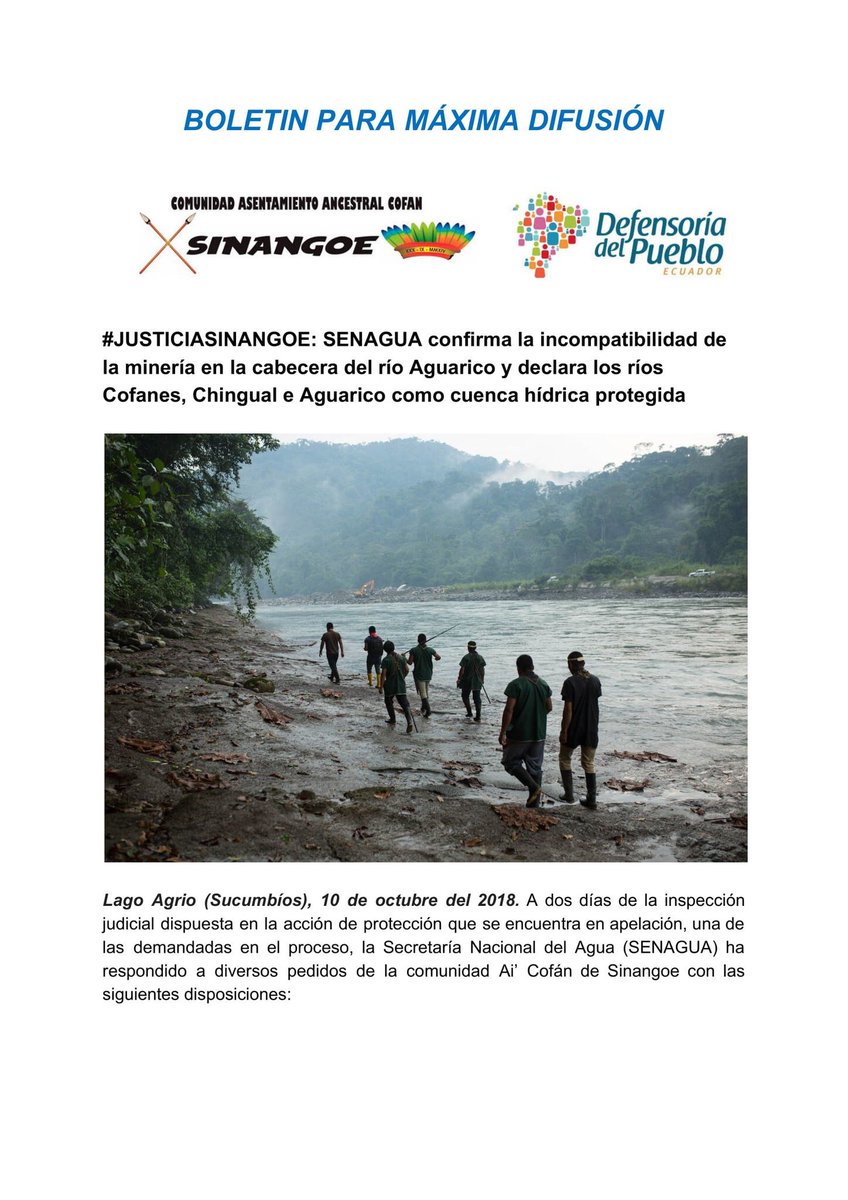 Caminantes_Ecu's tweet photo. La @senagua confirma la incompatibilidad de la minería en la cabecera del río Aguarico #JusticiaSinangoe https://t.co/AGUoPz1nmz