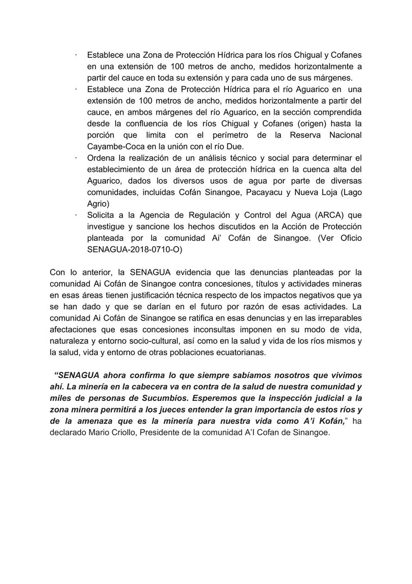 Caminantes_Ecu's tweet photo. La @senagua confirma la incompatibilidad de la minería en la cabecera del río Aguarico #JusticiaSinangoe https://t.co/AGUoPz1nmz