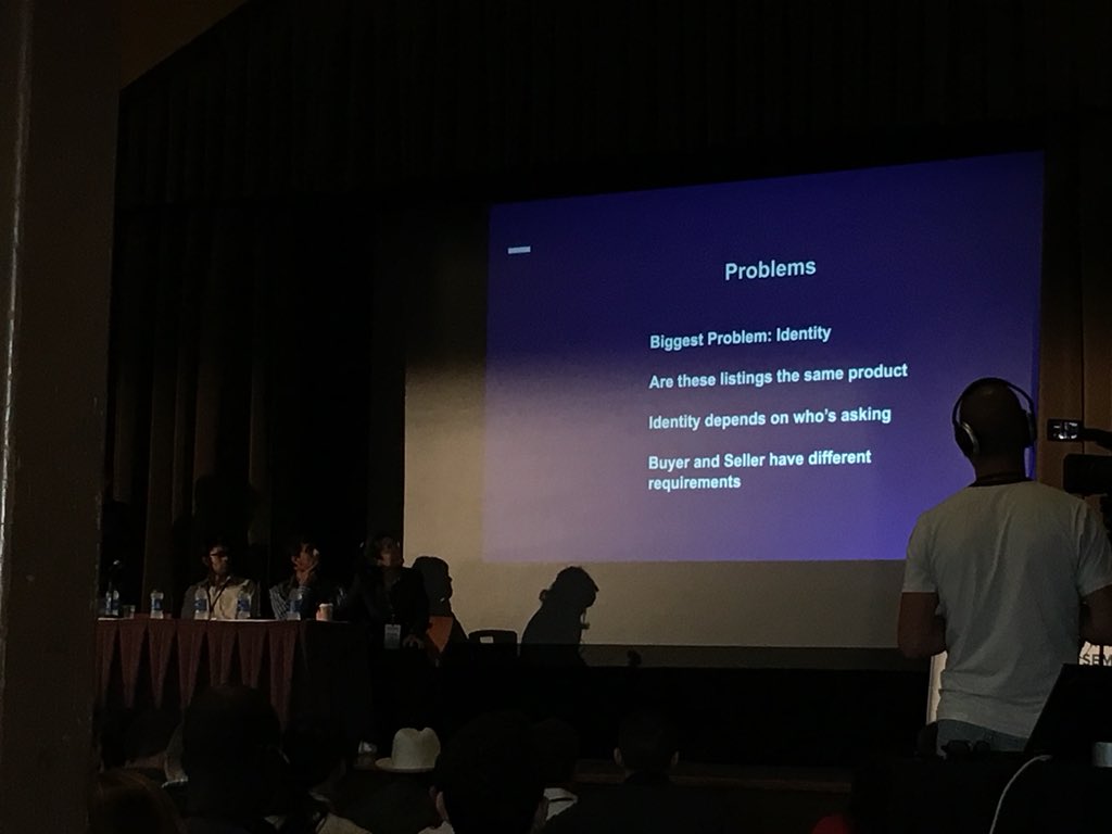 Alan Patterson (EBay). They’ve been working on their Knowledge Graph for under a year. Biggest problem is identity (record linkage), depending on context. 

#iswc2018 #iswc_conf