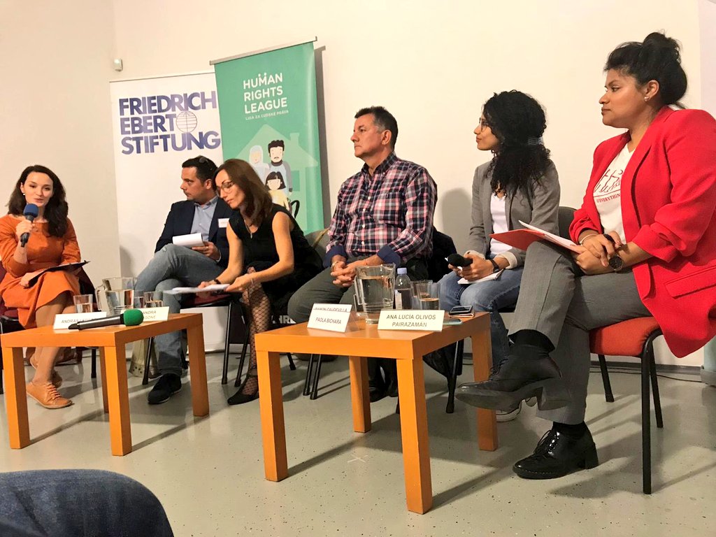 AnaLuciaOlivos's tweet photo. Second public discussion about cooperation at Forum on Integration in Bratislava with @andraslederer from @hhc_helsinki, Ramon Caudevilla chief of the border police in Ceuta #HumanRightsLeague #ForumIntegration #borders https://t.co/lHzvZBwkXz