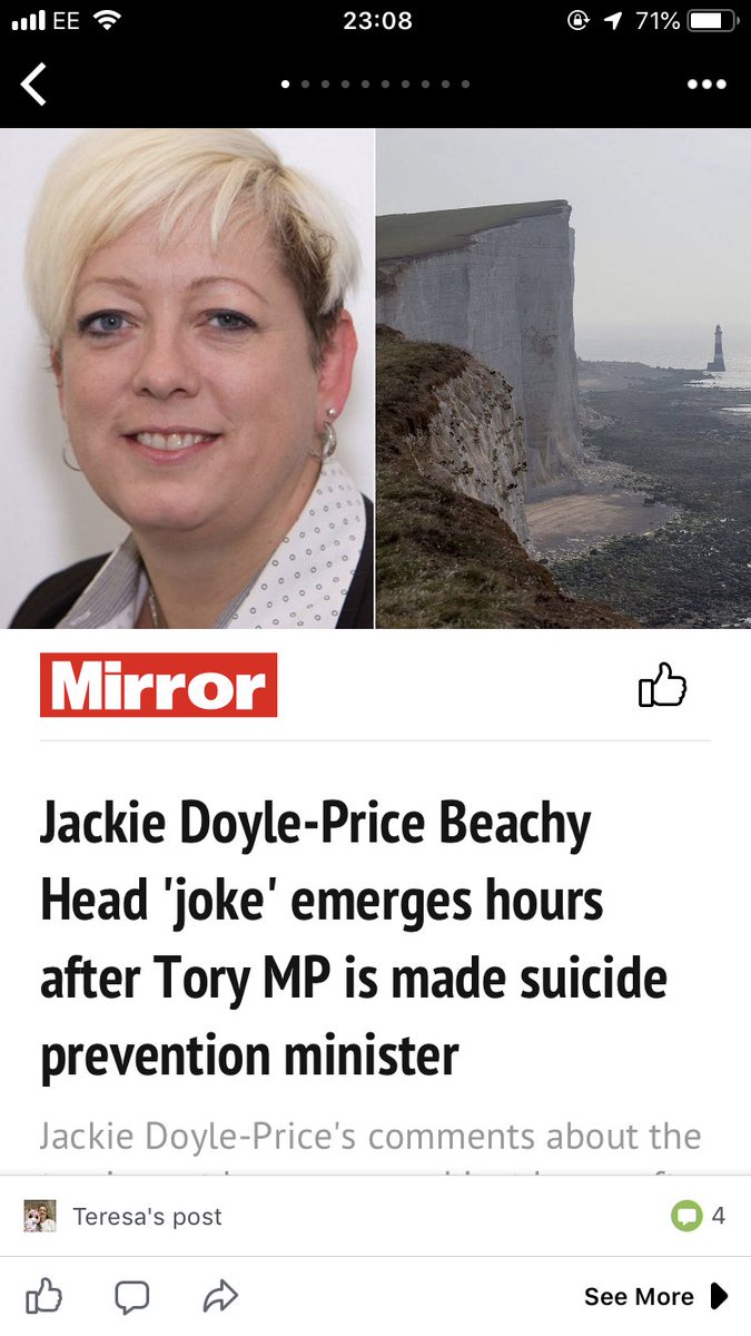 Hollz2012's tweet photo. The new suicide prevention minister, Jackie Doyle-Price MP, made flippant comments about jumping off Beachy Head as preferable than joining UKIP several years ago. 

Disgusted. Not the best start but why am I not surprised, yet to find a compassionate Tory. #WMHDay2018 https://t.co/8W7SkwusY0