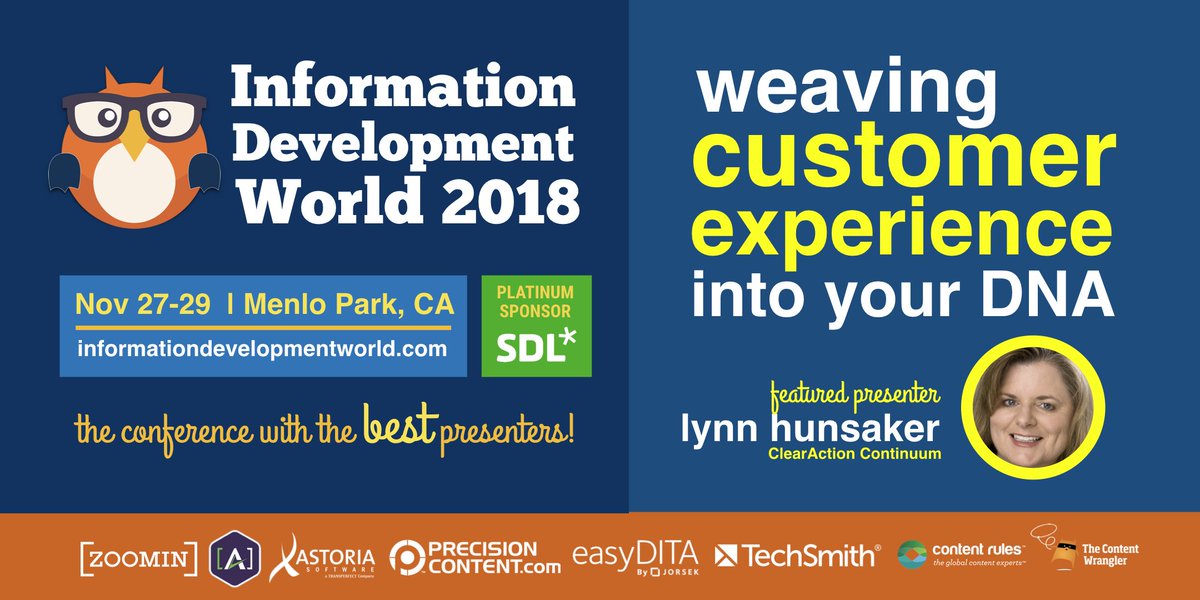[<a href="/InfoDevWorld/">InfoDevelopmentWorld</a> Keynote] Don't miss "Weaving Customer Experience into Your Company DNA" with Lynn Hunsaker of <a href="/ClearAction/">ClearAction / Lynn Hunsaker, CCXP</a> at Information Development World 2018 ed.gr/16lp