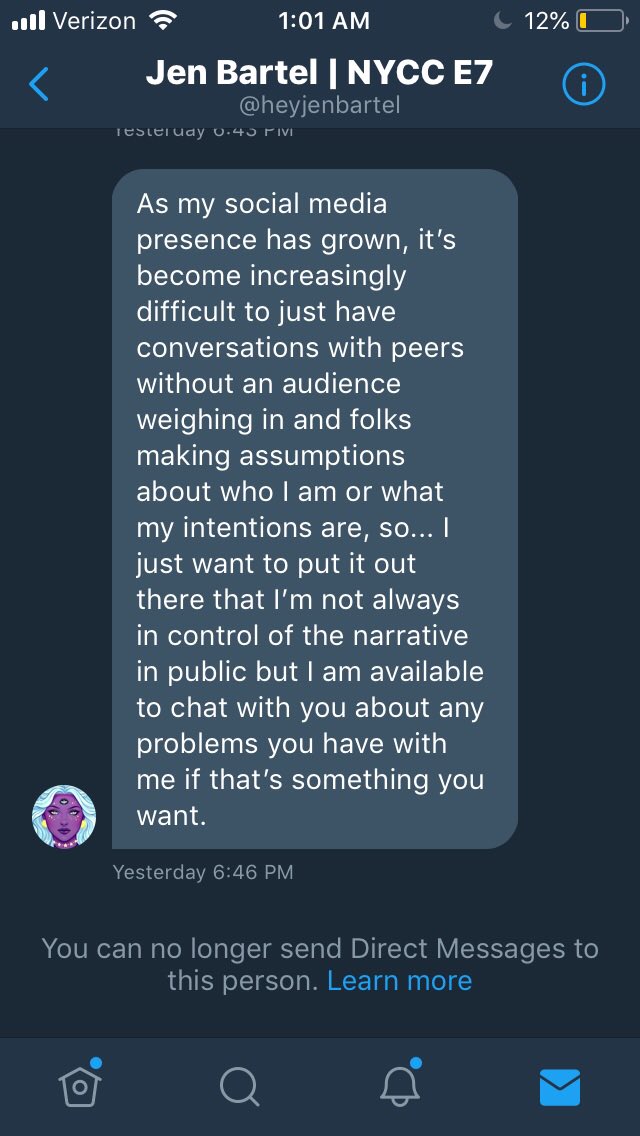 Alright. Let’s drop the pretense.I was loaded up with homework the night this popped off. I left it hanging until I finished my work. In the five or so hours between Jen sending this, she softblocked me and turned off DMs.