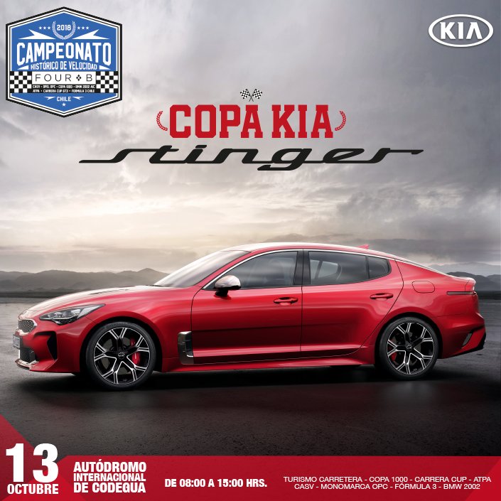 Kia_Chile's tweet photo. ¡No queda nada para la #CopaKia! 😀
Ven a disfrutar la velocidad este fin de semana con #KiaStinger, auto "#PaceCar" oficial del Campeonato Histórico de Velocidad #FOURB en Codegua 😎
Te esperamos con toda la #ActitudKia 😉 https://t.co/xVzTJc8rom
