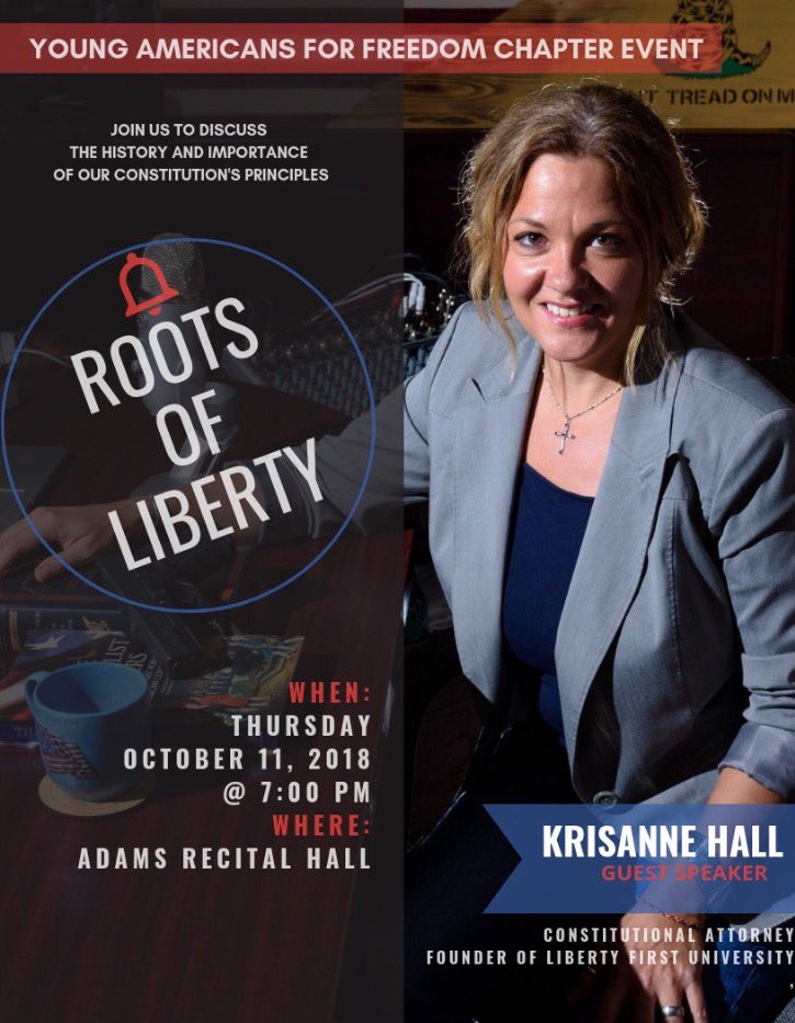 TOMORROW - Get a Kudos and hear Krisanne Hall speaking in Adams Recital Hall @ 7pm with a book signing afterwards! Hear a well respected conservative woman in our first YAF event! KUDOS APPROVED