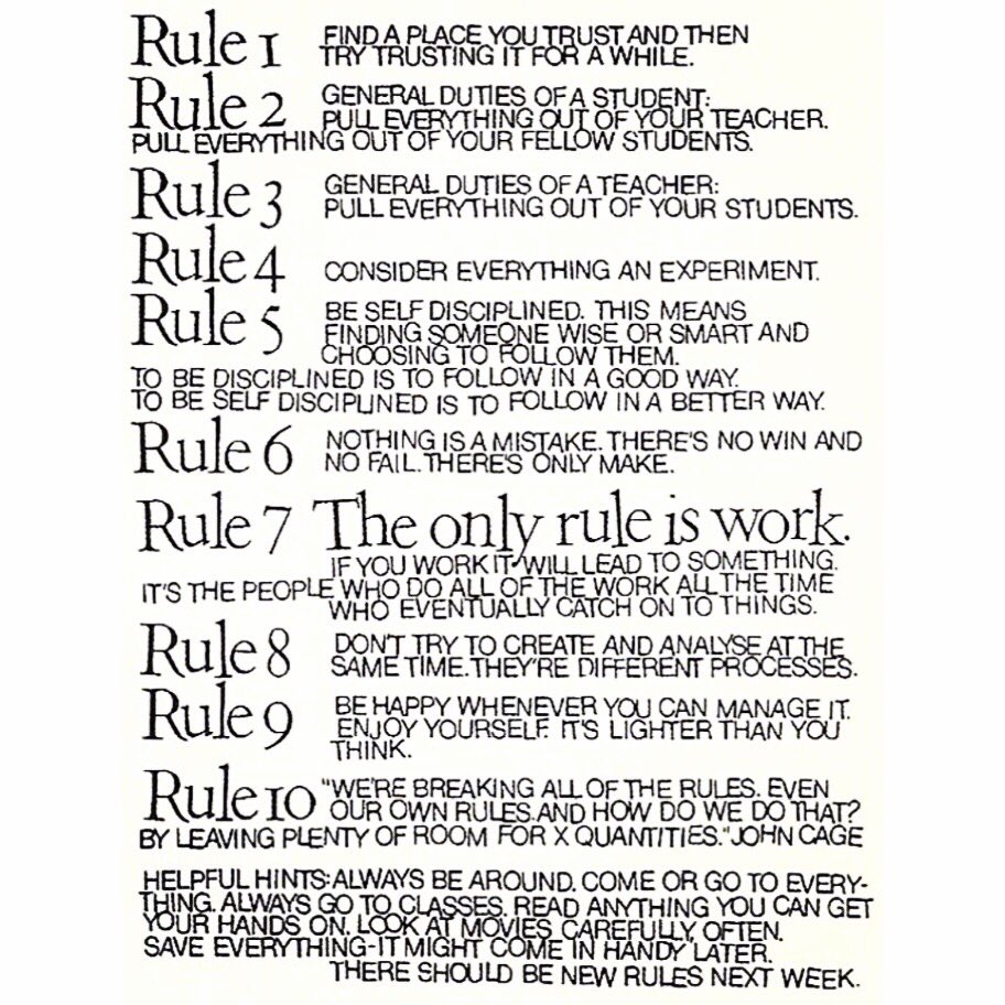 bruinsphoto's tweet image. Wednesday Wisdom: Art Department Rules for @BHSBRUINS art students by artist-activist-teacher Corita Kent... #theonlyruleiswork 📸⚡️✨
#bruinsphoto #ballardbruins