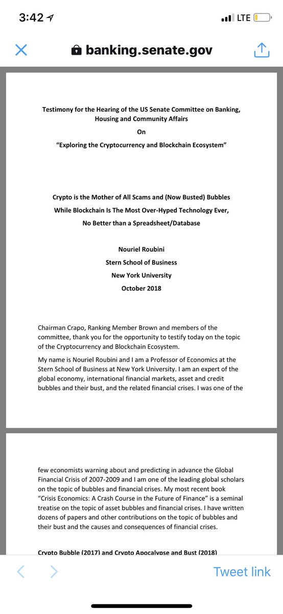 HaileyLennonBTC's tweet image. Tomorrow the Senate Banking Committee will hold a cryptocurrnecy hearing. Based on the two titles of testimony, this should be interesting. 

@valkenburgh testimony - banking.senate.gov/imo/media/doc/…

@Nouriel testimony - banking.senate.gov/imo/media/doc/…