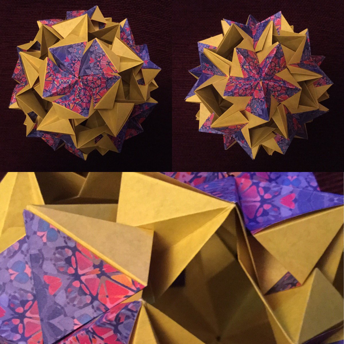 birdsgalway's tweet photo. Tragile
Another variation New design 
30no 145x50 Kaleidoscope paper. 
No glue very delicate
#modular #origami #dodecahedron #icosahedron #Kusudama #modularorigami #origamiart #galwaycity #Galwayorigami #visitgalway #thisisgalway #origamigalway #origamiartist #geometricorigami https://t.co/1kMl4e72L1