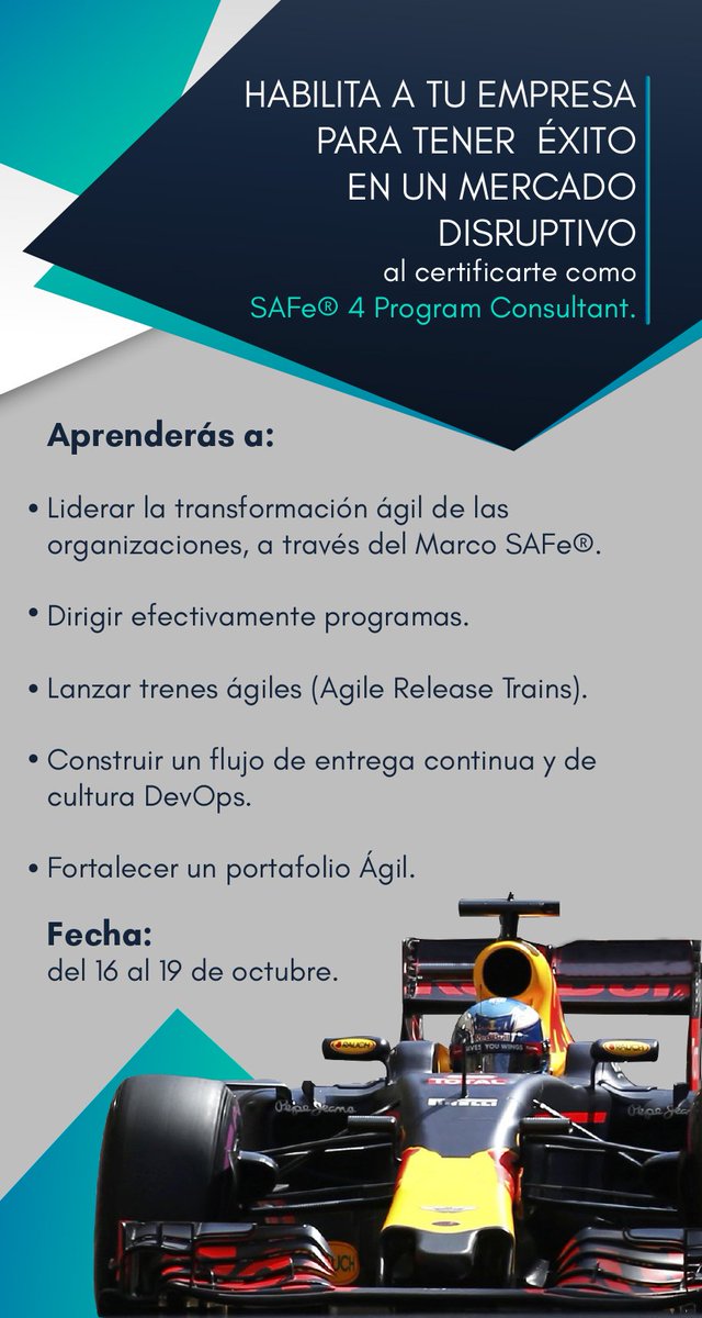 AlphaConsul's tweet image. ¡Aprovecha ésta Última Oportunidad de Aprender a Implentar SAFe® en tu Organización con el Experto Internacional Dr. Steve Mayner! Del 16 al 19 de octubre. Más Info 5286 3777 ¡Menciona esta #Promoción y obtén 200 dólares de descuento! #SAFe #ImplementingSAFe #ScaledAgileFrameWork
