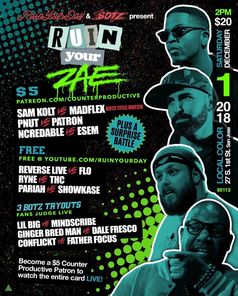 k_sas23's tweet photo. I’ll prob be back in San Jose wit da squad... but just in case I dont.. We got options... become a patreon and you can catch all battles! And then some will be steamed live and free on ruin your day!!! @RUINYOURDAYNOW @BOTZbattles lets go! #RuinYourZae #TeamSlickTalk https://t.co/3UBYBb5FUt